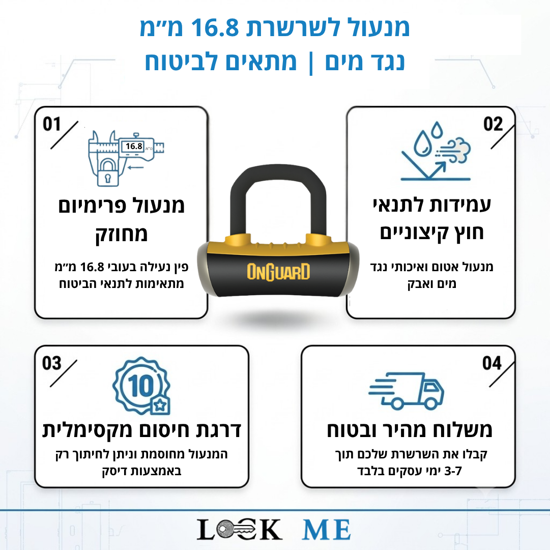 תמונת יתרונות מנעול לאופנוע אונגארד 16.8 ממ