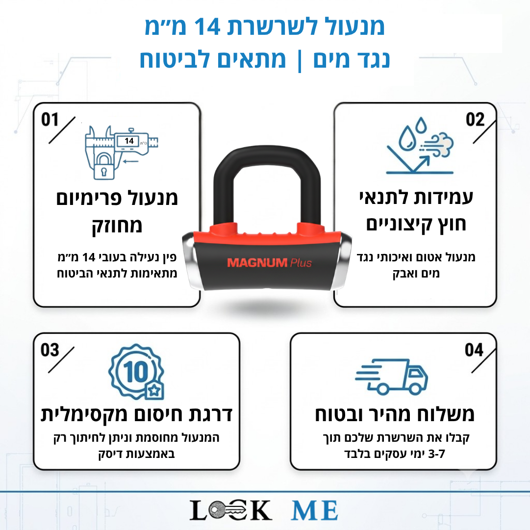 תמונת יתרונות מנעול לאופנוע מגנום 14 ממ